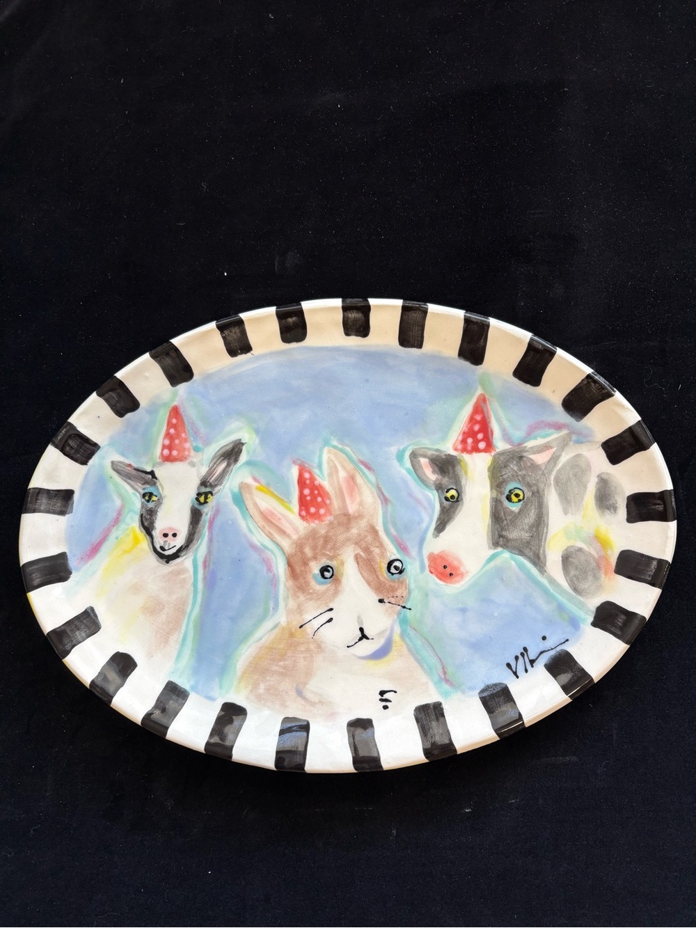 Handmmade Ceramic Serving Tray “Barnyard Buddies Design On Blue 13”x10”Original